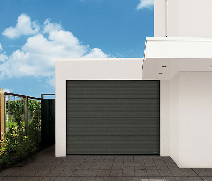 Sectional garage door in satin gray